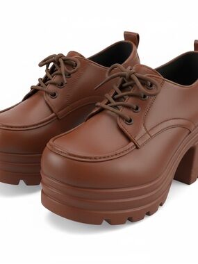 Women's Brown Platform Lace-Up Chunky Heels Sz 38/7.5